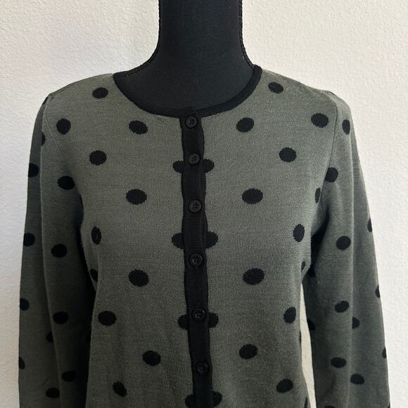 Ella J Cardigan Women Small Sweater Merino Wool Polka Dots Green Retro Knit - Picture 2 of 11